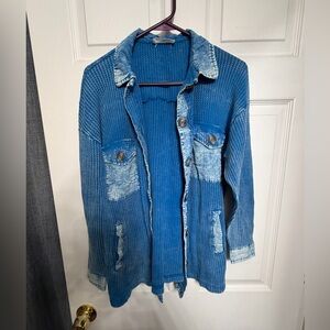Zenana distressed Blue Denim-Style Button-Up shirt